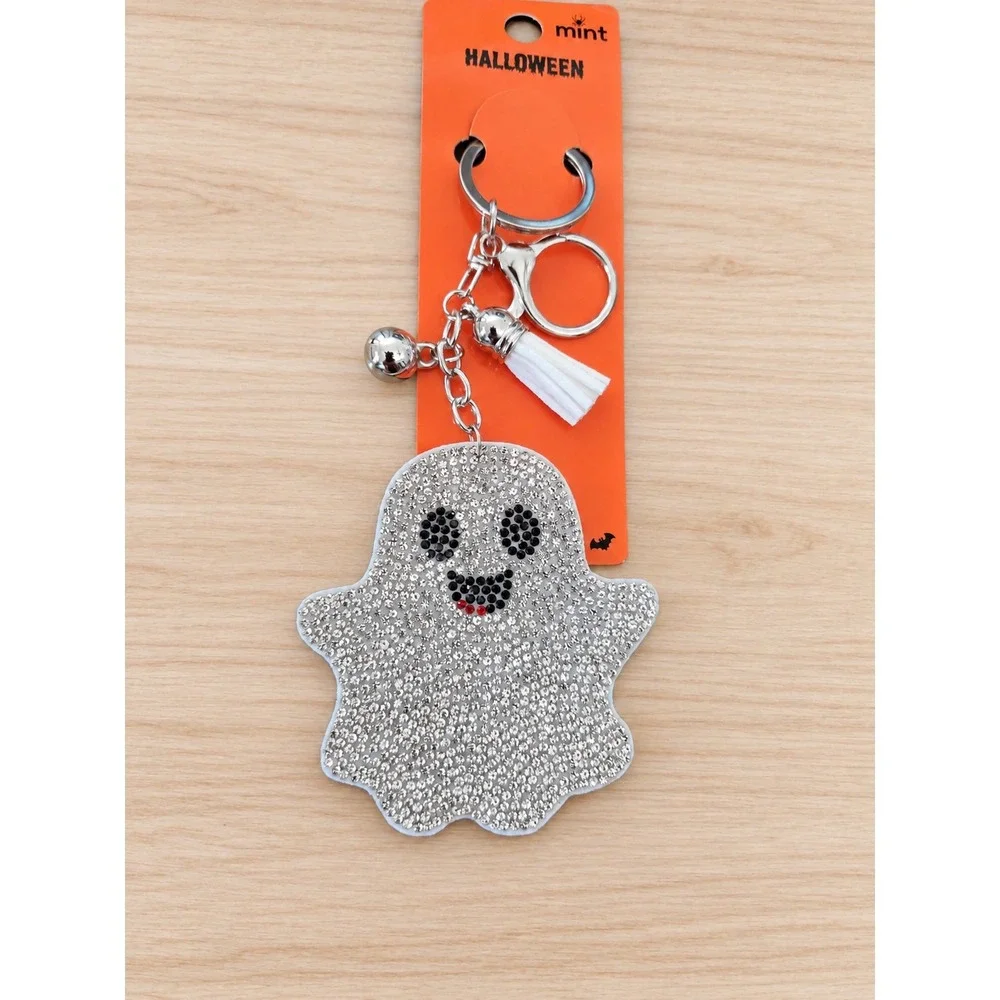 Mint Halloween Rhinestone Ghost Keychain Tassel Bell Silver Black Red Set of 3